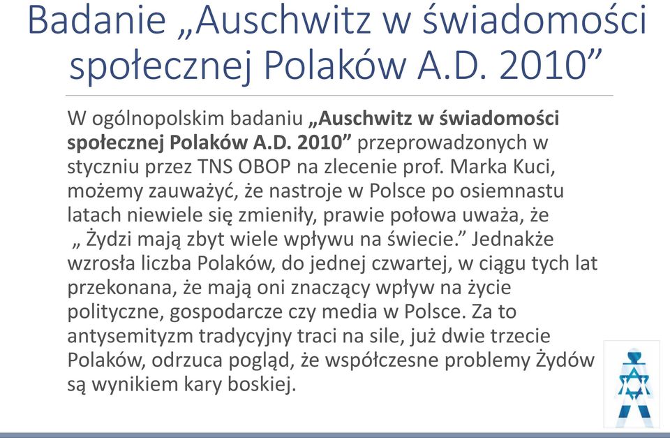 Jednakże wzrosła liczba Polaków, do jednej czwartej, w ciągu tych lat przekonana, że mają oni znaczący wpływ na życie polityczne, gospodarcze czy media w Polsce.
