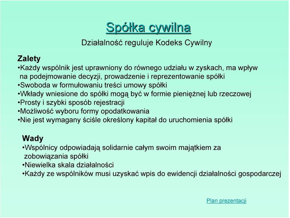 i szybki sposób rejestracji Możliwość wyboru formy opodatkowania Nie jest wymagany ściśle określony kapitał do uruchomienia spółki Wady Wspólnicy odpowiadają