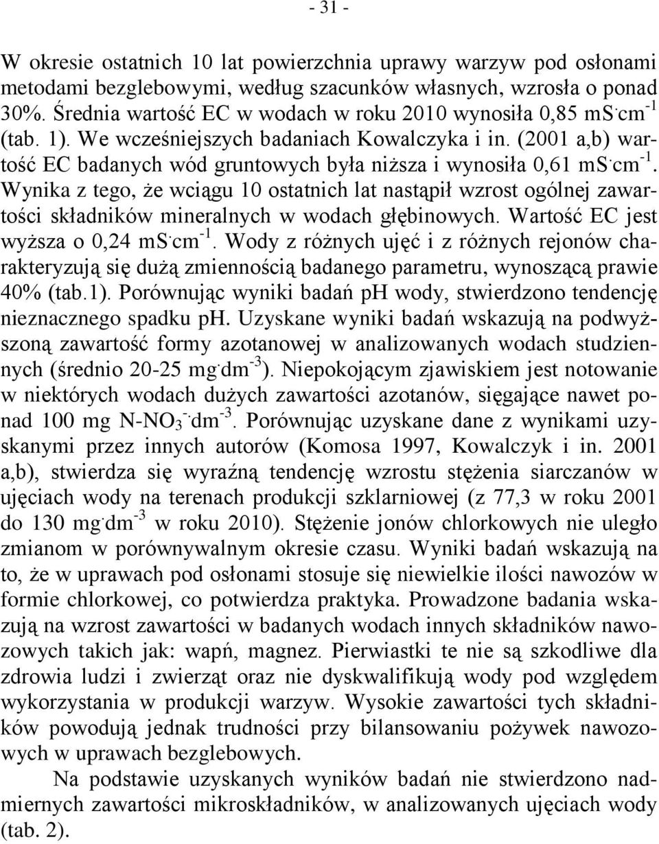 cm -1. Wynika z tego, że wciągu 10 ostatnich lat nastąpił wzrost ogólnej zawartości składników mineralnych w wodach głębinowych. Wartość EC jest wyższa o 0,24 ms. cm -1.