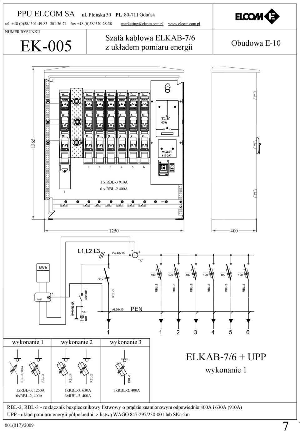 L,L2,L Cu 40x0 kw h 90 AL0x0 wykonanie wykonanie 2, 90A wykonanie 2 4 6 ELKAB-7/6 + UPP wykonanie x, A 6x, A x, 60A 6x,