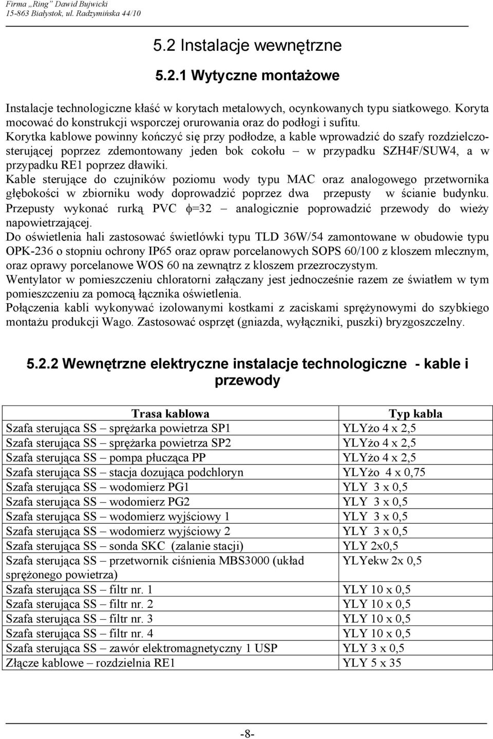 Korytka kablowe powinny kończyć się przy podłodze, a kable wprowadzić do szafy rozdzielczosterującej poprzez zdemontowany jeden bok cokołu w przypadku SZH4F/SUW4, a w przypadku RE1 poprzez dławiki.