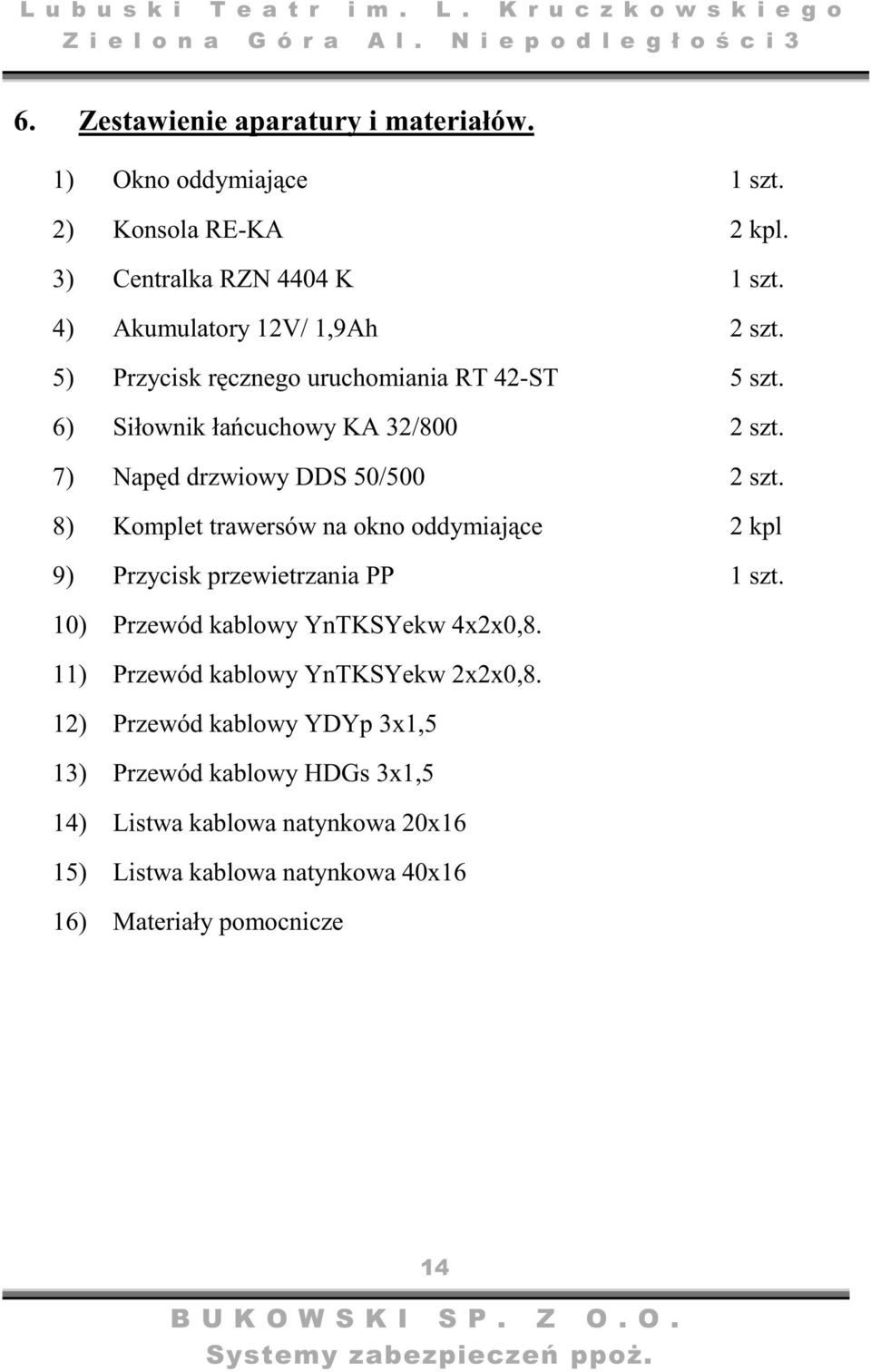 7) Napd drzwiowy DDS 50/500 2 szt. 8) Komplet trawersów na okno oddymiajce 2 kpl 9) Przycisk przewietrzania PP 1 szt.