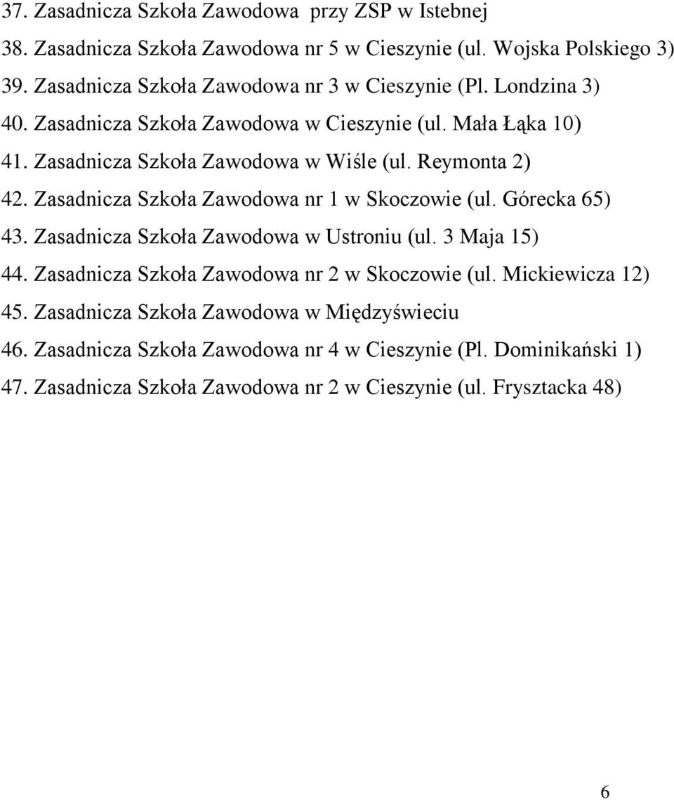 Reymonta 2) 42. Zasadnicza Szkoła Zawodowa nr 1 w Skoczowie (ul. Górecka 65) 43. Zasadnicza Szkoła Zawodowa w Ustroniu (ul. 3 Maja 15) 44.