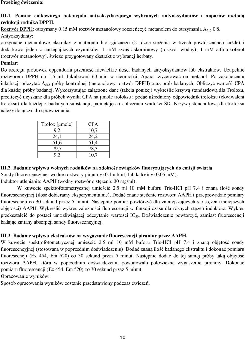 Antyoksydanty: otrzymane metanolowe ekstrakty z materiału biologicznego (2 różne stężenia w trzech powtórzeniach każde) i dodatkowo jeden z następujących czynników: 1 mm kwas askorbinowy (roztwór