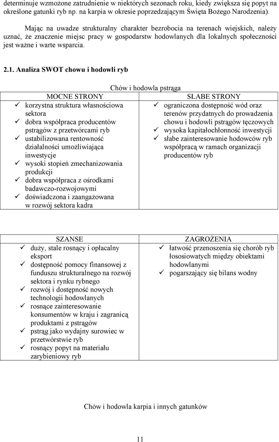 Analiza SWOT chowu i hodowli ryb Chów i hodowla pstrąga MOCNE STRONY SŁABE STRONY korzystna struktura własnościowa ograniczona dostępność wód oraz sektora terenów przydatnych do prowadzenia dobra