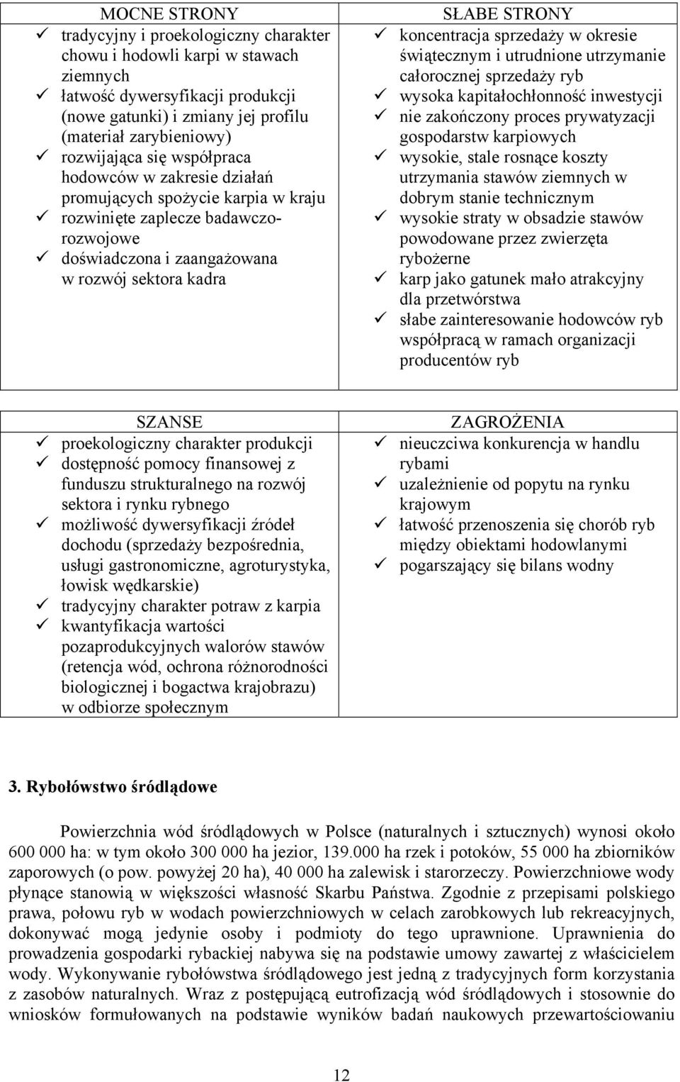 sprzedaży w okresie świątecznym i utrudnione utrzymanie całorocznej sprzedaży ryb wysoka kapitałochłonność inwestycji nie zakończony proces prywatyzacji gospodarstw karpiowych wysokie, stale rosnące