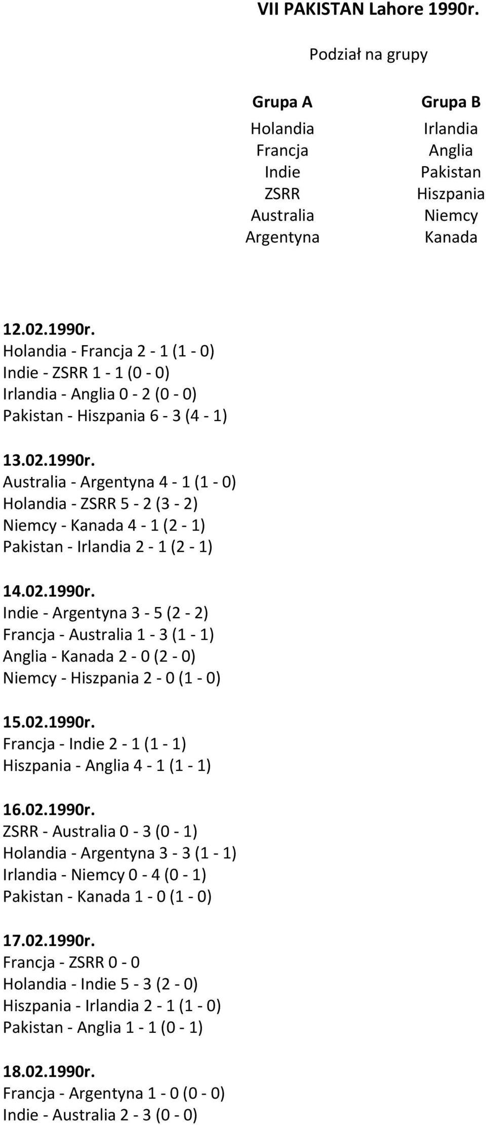 02.1990r. Francja - Indie 2-1 (1-1) Hiszpania - Anglia 4-1 (1-1) 16.02.1990r. ZSRR - Australia 0-3 (0-1) Holandia - Argentyna 3-3 (1-1) Irlandia - Niemcy 0-4 (0-1) Pakistan - Kanada 1-0 (1-0) 17.02.1990r. Francja - ZSRR 0-0 Holandia - Indie 5-3 (2-0) Hiszpania - Irlandia 2-1 (1-0) Pakistan - Anglia 1-1 (0-1) 18.