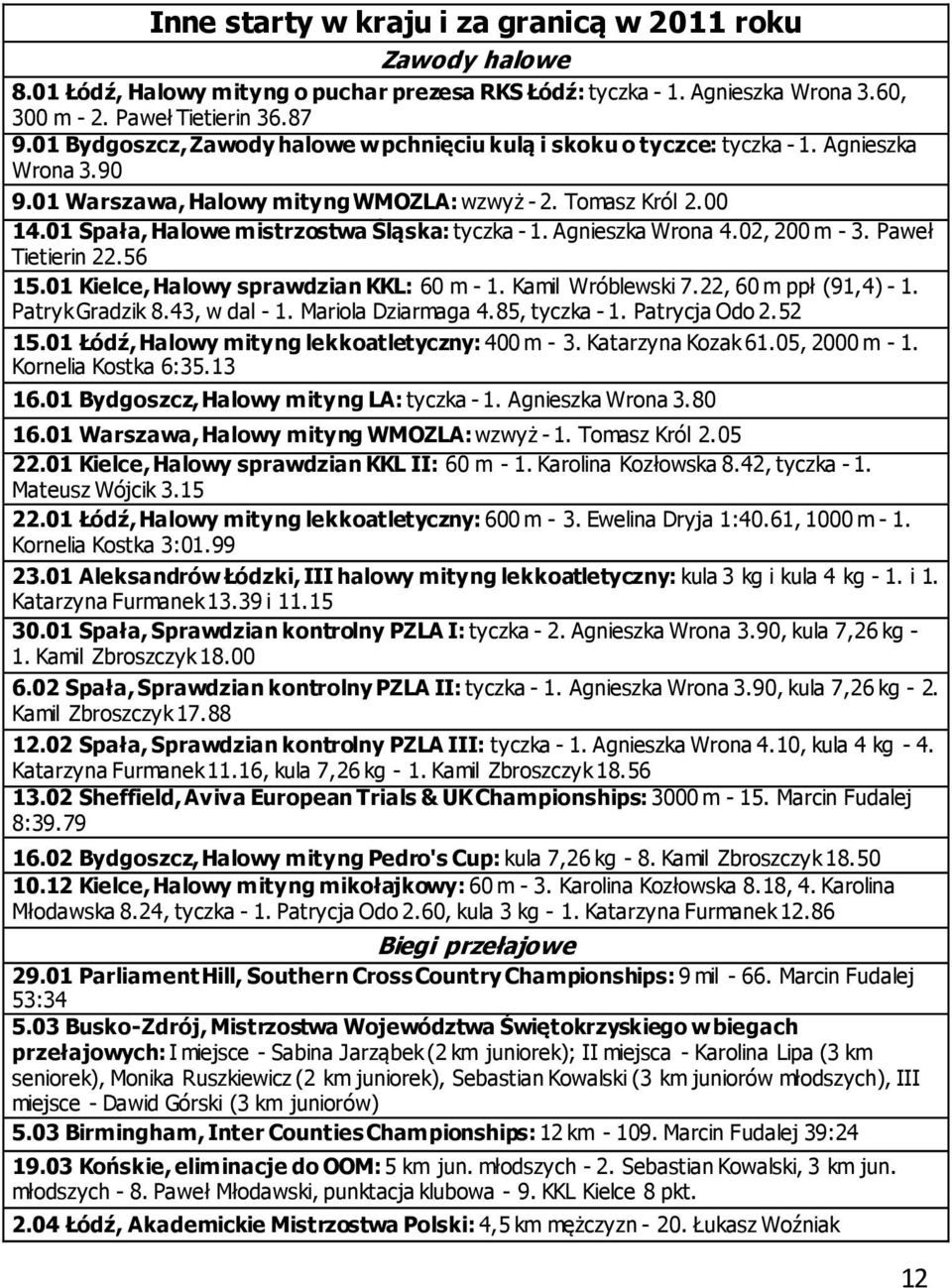 01 Spała, Halowe mistrzostwa Śląska: tyczka - 1. Agnieszka Wrona 4.02, 200 m - 3. Paweł Tietierin 22.56 15.01 Kielce, Halowy sprawdzian KKL: 60 m - 1. Kamil Wróblewski 7.22, 60 m ppł (91,4) - 1.