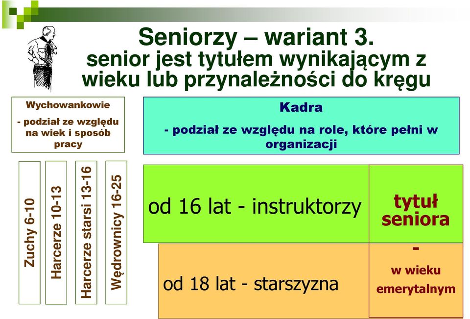 -podział ze względu na wiek i sposób pracy Kadra -podział ze względu na role, które