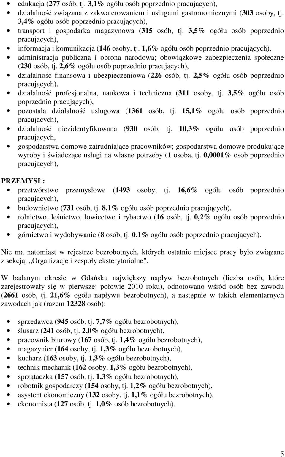 1,6% ogółu osób poprzednio pracujących), administracja publiczna i obrona narodowa; obowiązowe zabezpieczenia społeczne (230 osób, tj.