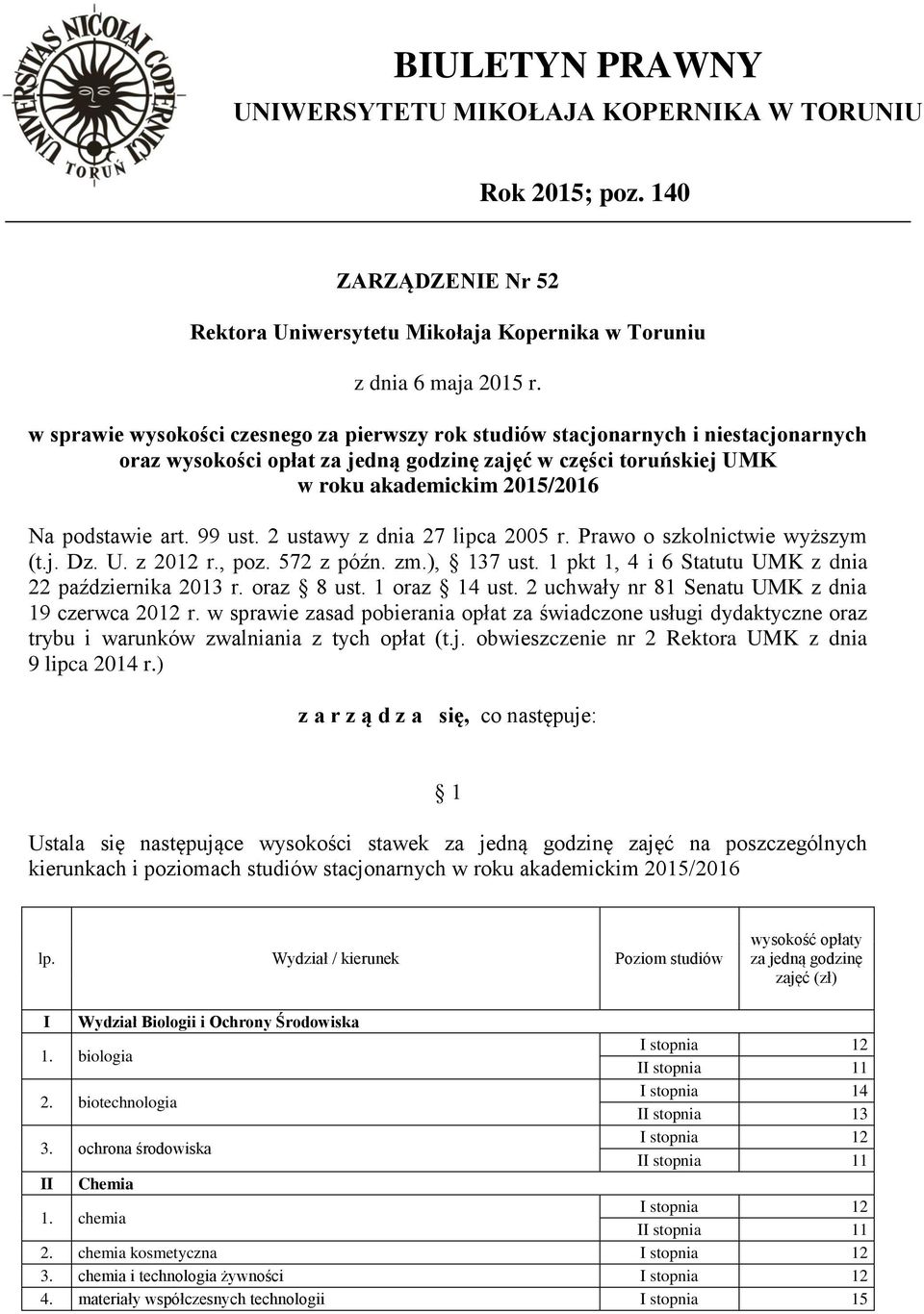 99 ust. 2 ustawy z dnia 27 lipca 2005 r. Prawo o szkolnictwie wyższym (t.j. Dz. U. z 2012 r., poz. 572 z późn. zm.), 137 ust. 1 pkt 1, 4 i 6 Statutu UMK z dnia 22 października 2013 r. oraz 8 ust.