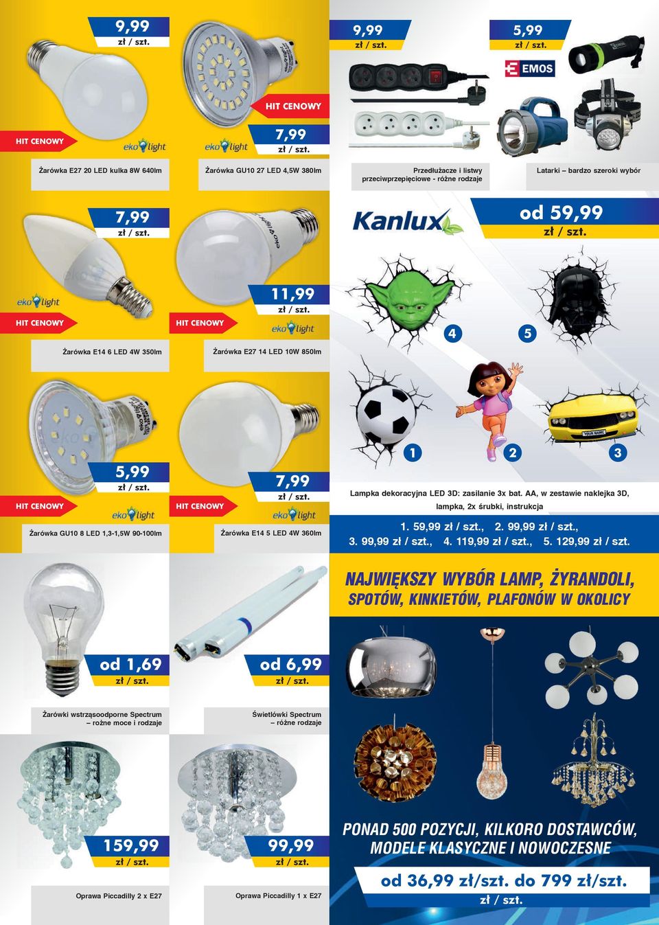 AA, w zestawie naklejka 3D, lampka, 2x śrubki, instrukcja Żarówka GU10 8 LED 1,3-1,5W 90-100lm Żarówka E14 5 LED 4W 360lm 1. 59,99, 2. 99,99, 3. 99,99, 4. 119,99, 5.