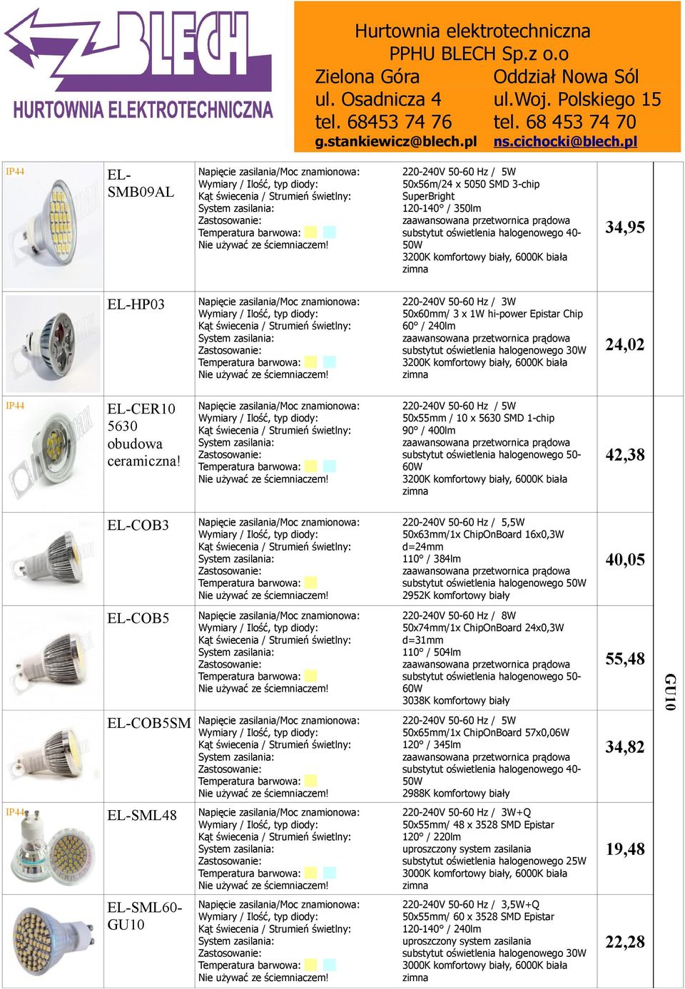 50x55mm / 10 x 5630 SMD 1-chip 90 / 400lm substytut oświetlenia halogenowego 50-60W, biała 42,38 COB3 220-240V 50-60 Hz / 5,5W 50x63mm/1x ChipOnBoard 16x0,3W d=24mm 110 / 384lm substytut oświetlenia