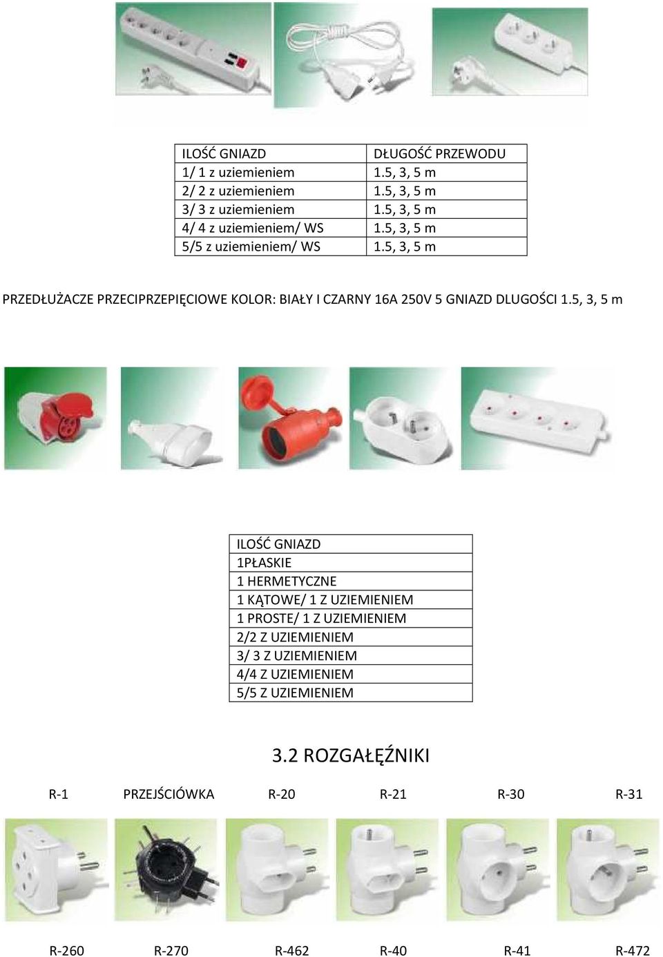 5, 3, 5 m PRZEDŁUŻACZE PRZECIPRZEPIĘCIOWE KOLOR: BIAŁY I CZARNY 16A 250V 5 GNIAZD DLUGOŚCI 1.