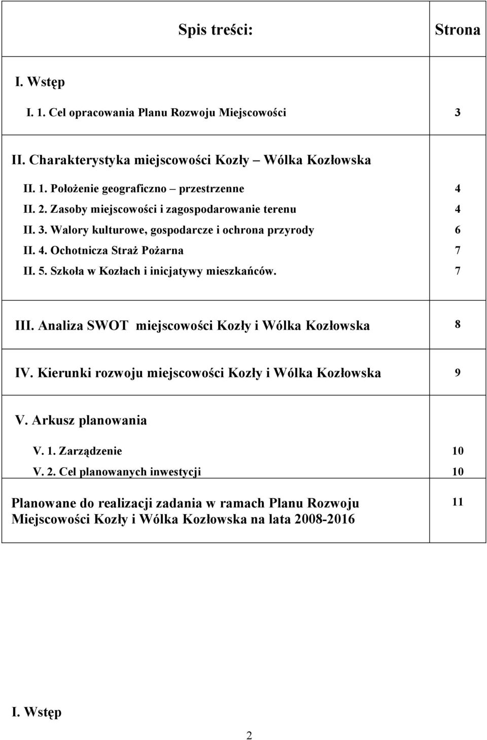 Szkoła w Kozłach i inicjatywy mieszkańców. 4 4 6 7 7 III. Analiza SWOT miejscowości Kozły i Wólka Kozłowska 8 IV. Kierunki rozwoju miejscowości Kozły i Wólka Kozłowska 9 V.