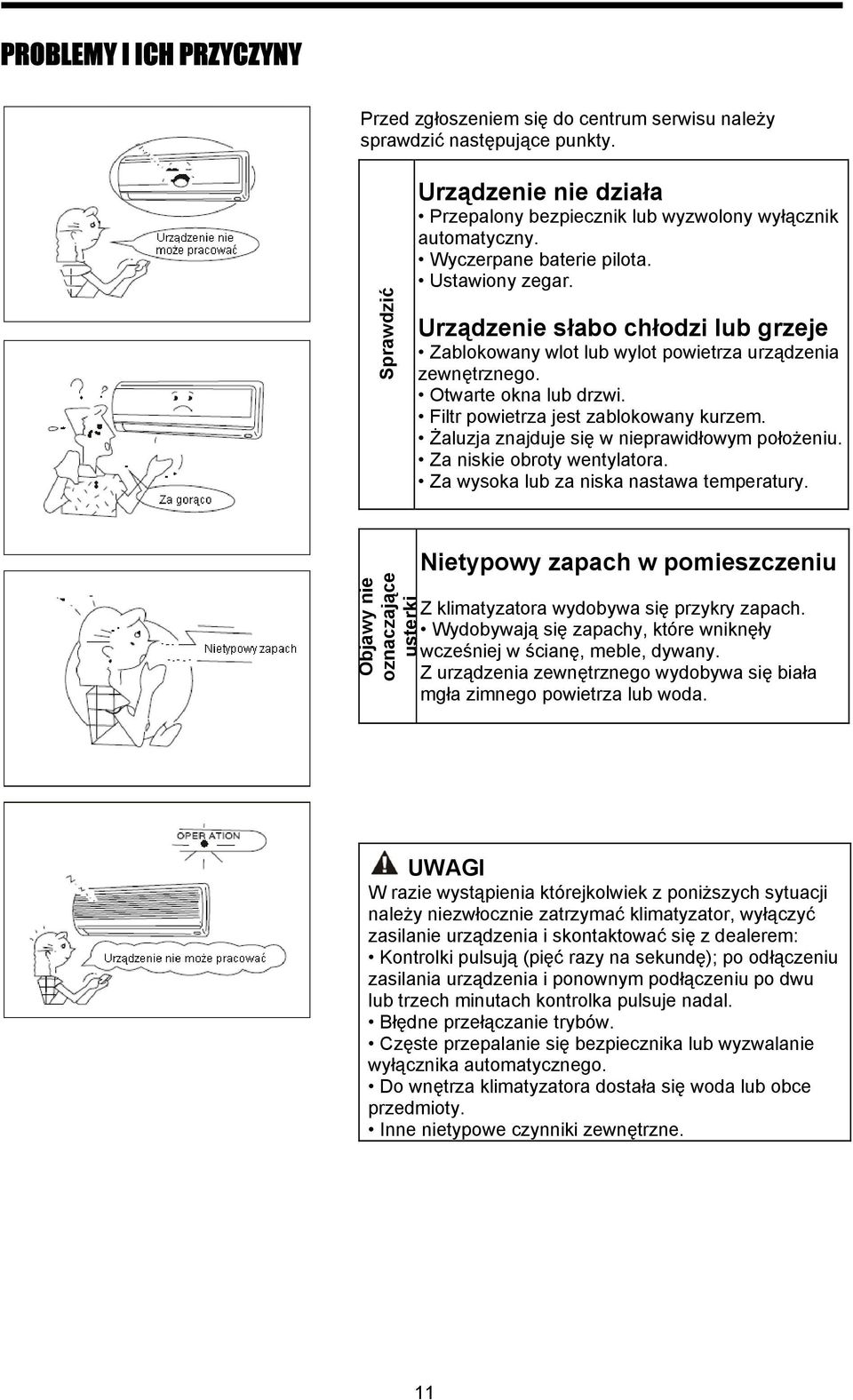 Filtr powietrza jest zablokowany kurzem. Żaluzja znajduje się w nieprawidłowym położeniu. Za niskie obroty wentylatora. Za wysoka lub za niska nastawa temperatury.