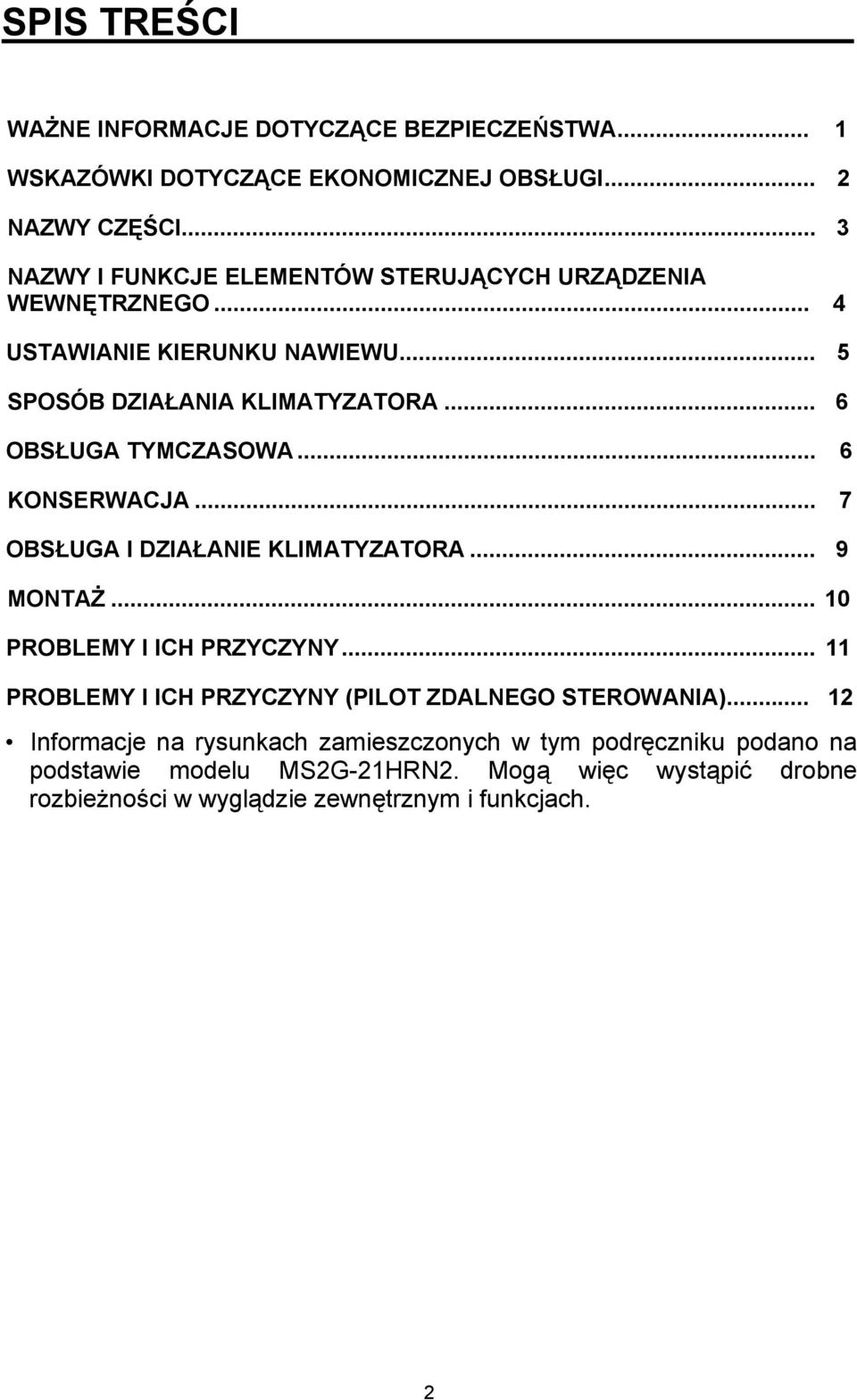 .. 6 OBSŁUGA TYMCZASOWA... 6 KONSERWACJA... 7 OBSŁUGA I DZIAŁANIE KLIMATYZATORA... 9 MONTAŻ... 10 PROBLEMY I ICH PRZYCZYNY.