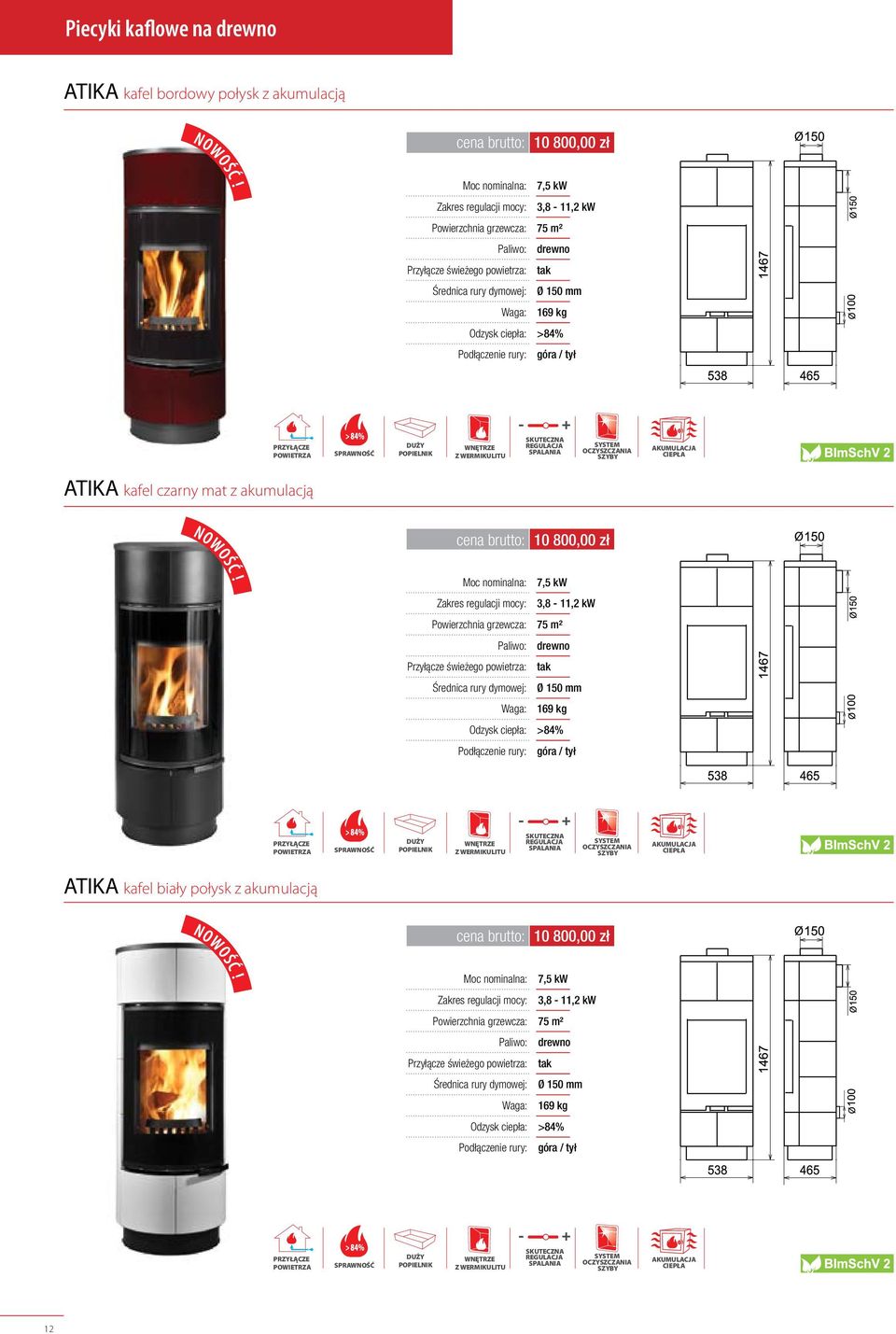 3,8-11,2 kw Powierzchnia grzewcza: 75 m² CADIZ > 82% ATIKA kafel biały połysk z akumulacją 169 kg Odzysk