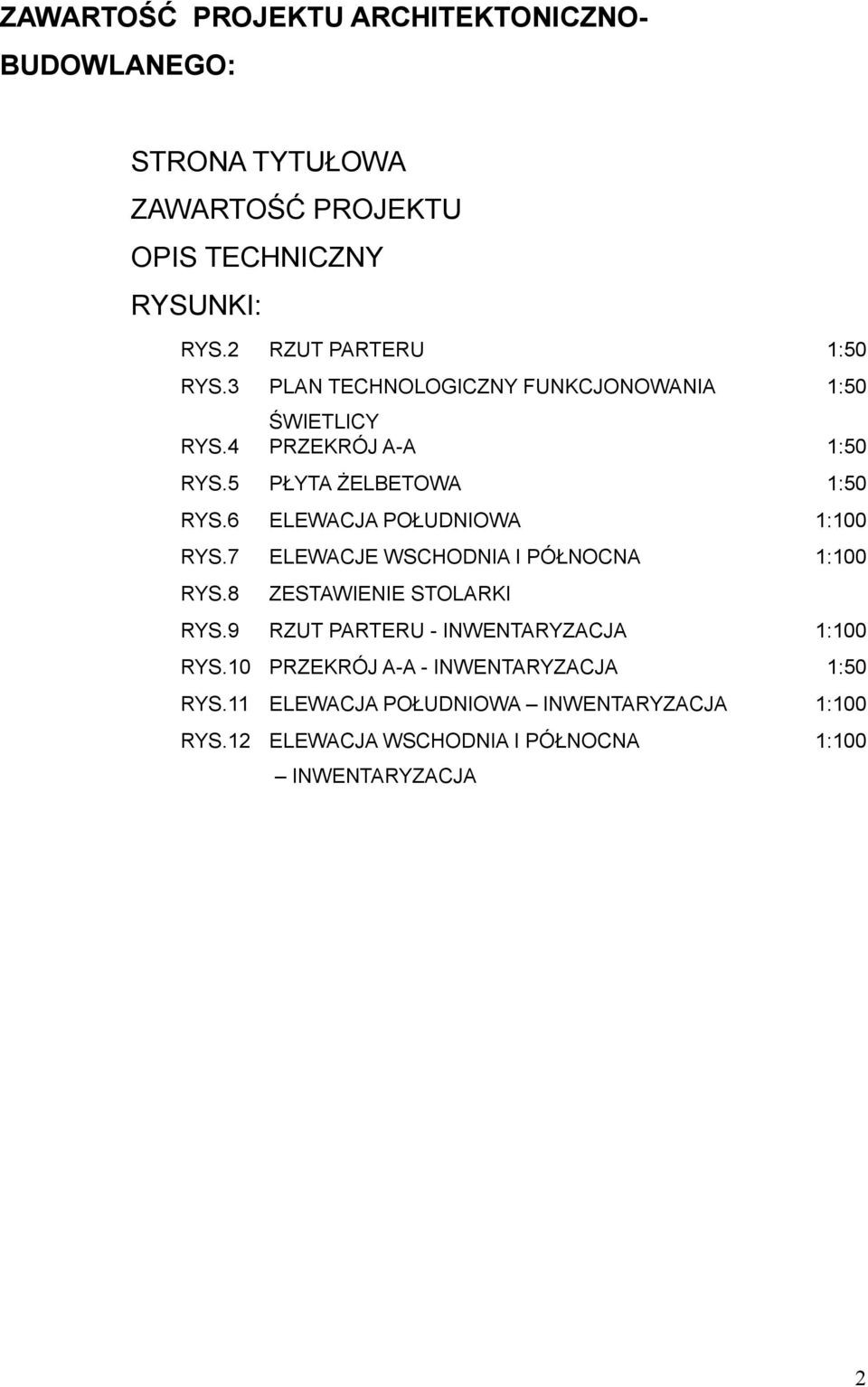 6 ELEWACJA POŁUDNIOWA 1:100 RYS.7 ELEWACJE WSCHODNIA I PÓŁNOCNA 1:100 RYS.8 ZESTAWIENIE STOLARKI RYS.