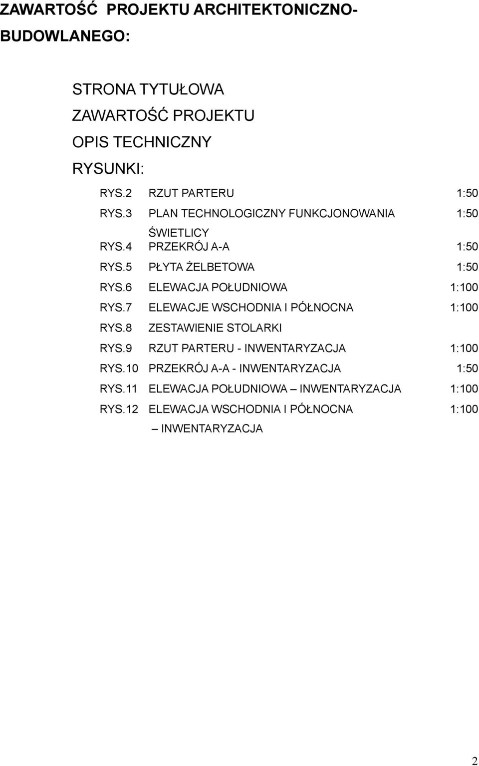 6 ELEWACJA POŁUDNIOWA 1:100 RYS.7 ELEWACJE WSCHODNIA I PÓŁNOCNA 1:100 RYS.8 ZESTAWIENIE STOLARKI RYS.