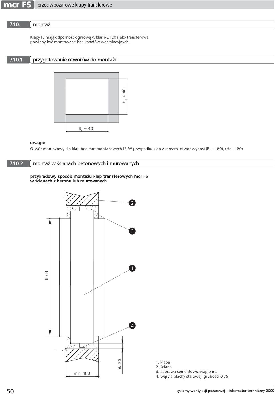 . montaż w ścianach betonowych i murowanych przykładowy sposób montażu klap transferowych mcr FS w ścianach z betonu lub murowanych B x H 1 min. ok.