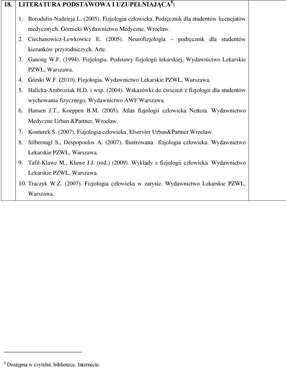 Wydawnictwo Lekarskie PZWL, Warszawa. 4. Górski W.F. (2010). Fizjologia. Wydawnictwo Lekarskie PZWL, Warszawa. 5. Halicka-Ambroziak H.D. i wsp. (2004).