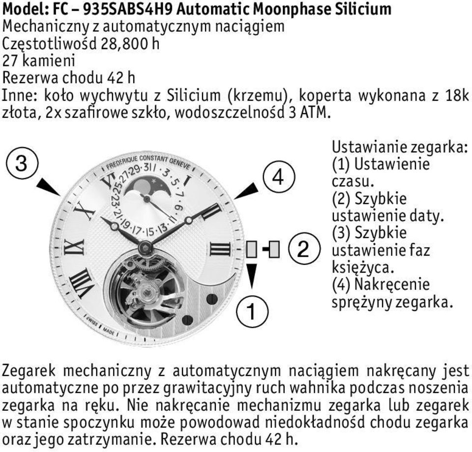 (3) Szybkie ustawienie faz księżyca. (4) Nakręcenie sprężyny zegarka.