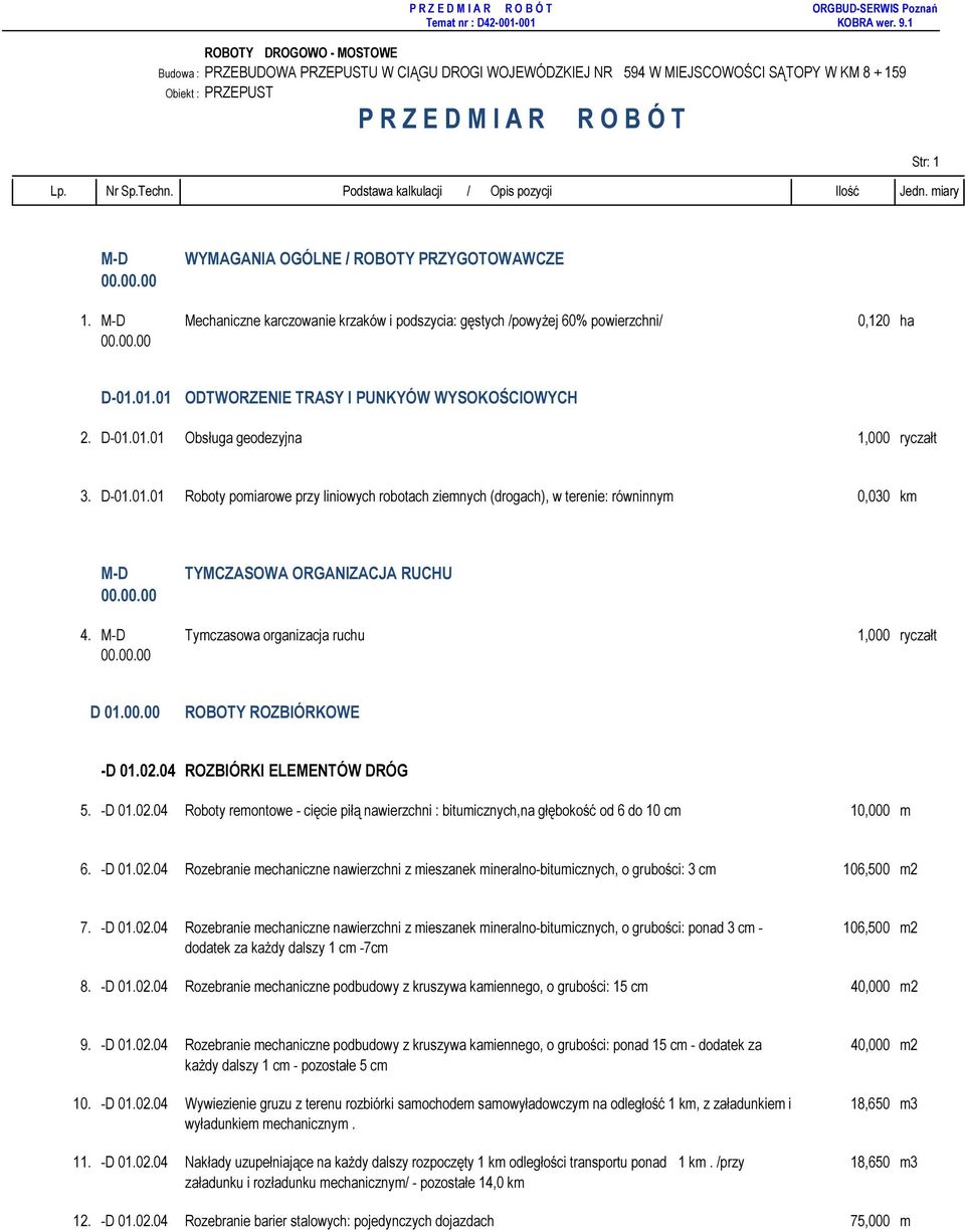 01.01 ODTWORZENIE TRASY I PUNKYÓW WYSOKOŚCIOWYCH 2. D-01.01.01 Obsługa geodezyjna 1,000 ryczałt 3. D-01.01.01 Roboty pomiarowe przy liniowych robotach ziemnych (drogach), w terenie: równinnym 0,030 km M-D 00.