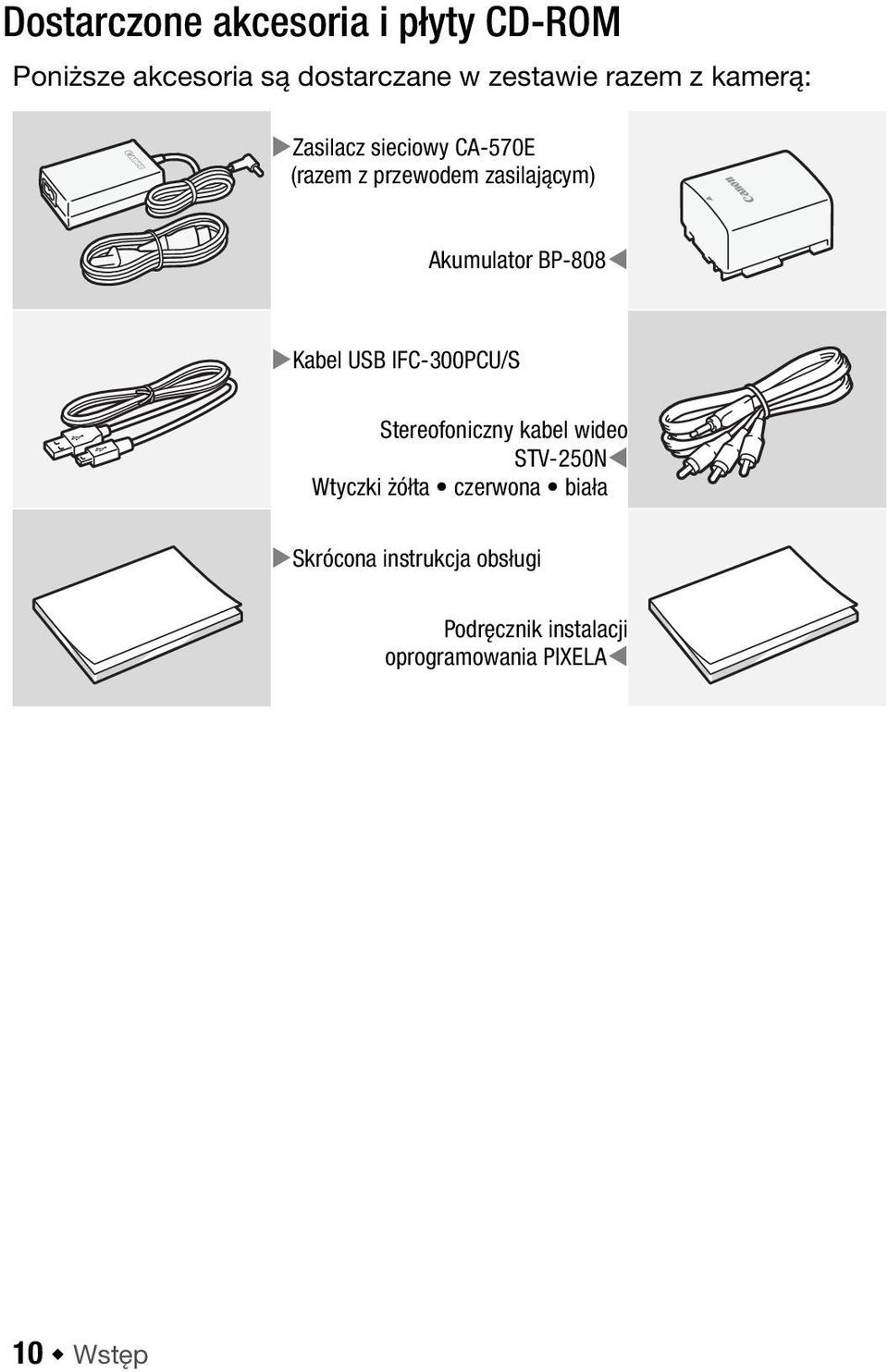 Akumulator BP-808 Kabel USB IFC-300PCU/S Stereofoniczny kabel wideo STV-250N Wtyczki