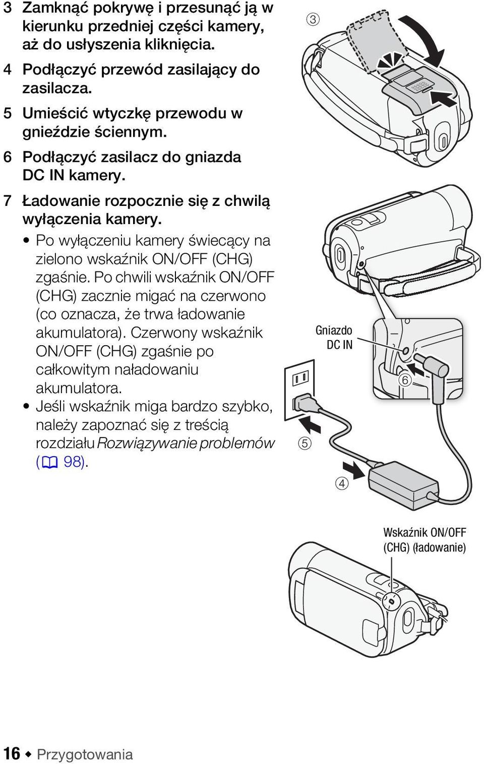 Po wyłączeniu kamery świecący na zielono wskaźnik ON/OFF (CHG) zgaśnie. Po chwili wskaźnik ON/OFF (CHG) zacznie migać na czerwono (co oznacza, że trwa ładowanie akumulatora).