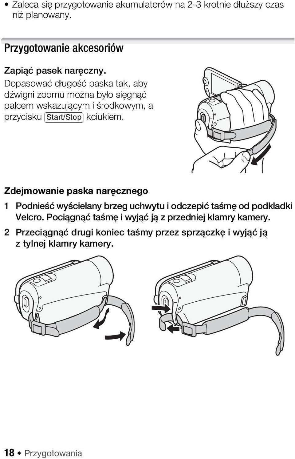 Zdejmowanie paska naręcznego 1 Podnieść wyściełany brzeg uchwytu i odczepić taśmę od podkładki Velcro.