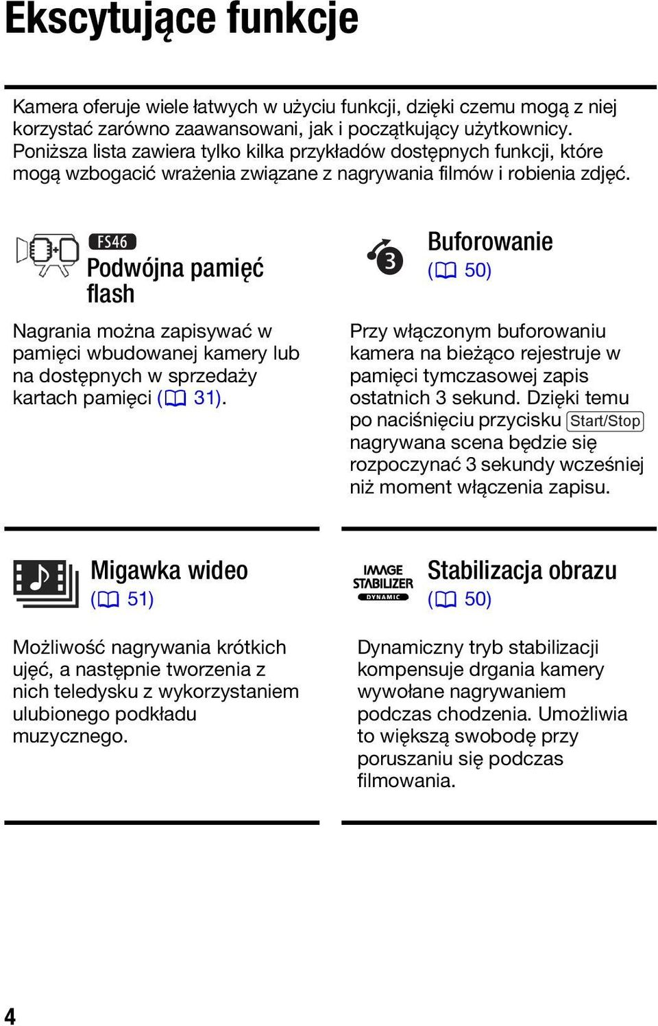 Podwójna pamięć flash Nagrania można zapisywać w pamięci wbudowanej kamery lub na dostępnych w sprzedaży kartach pamięci ( 31).