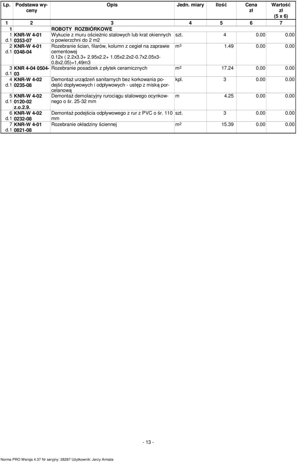 05)=1,49m3 3 KNR 4-04 0504- Rozebranie posadzek z płytek ceramicznych m 2 17.24 0.00 0.00 d.1 03 4 d.1 KNR-W 4-02 0235-08 5 KNR-W 4-02 d.1 0120-02 z.o.2.9. 6 KNR-W 4-02 d.1 0232-08 7 d.