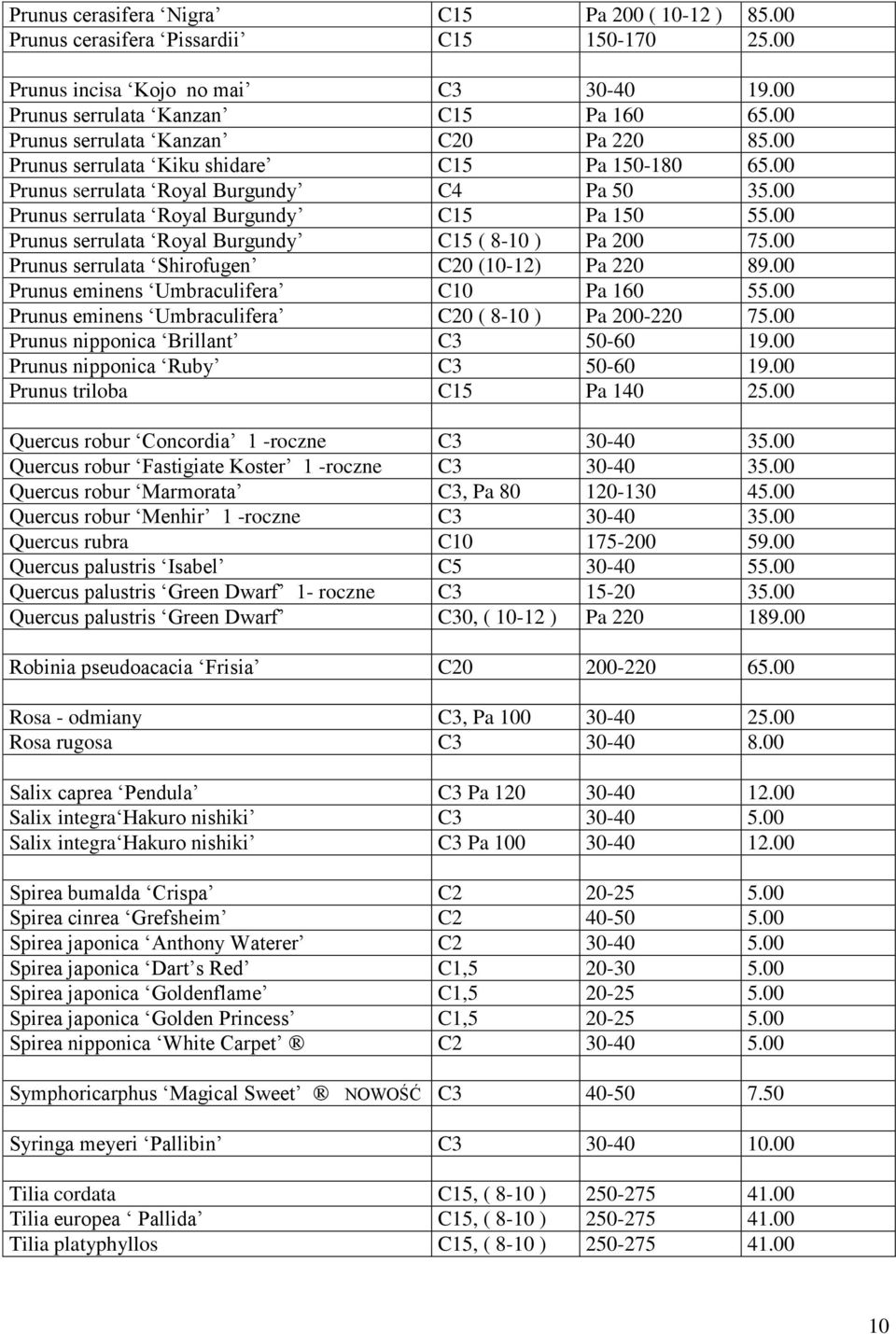 00 Prunus serrulata Royal Burgundy C15 ( 8-10 ) Pa 200 75.00 Prunus serrulata Shirofugen C20 (10-12) Pa 220 89.00 Prunus eminens Umbraculifera C10 Pa 160 55.