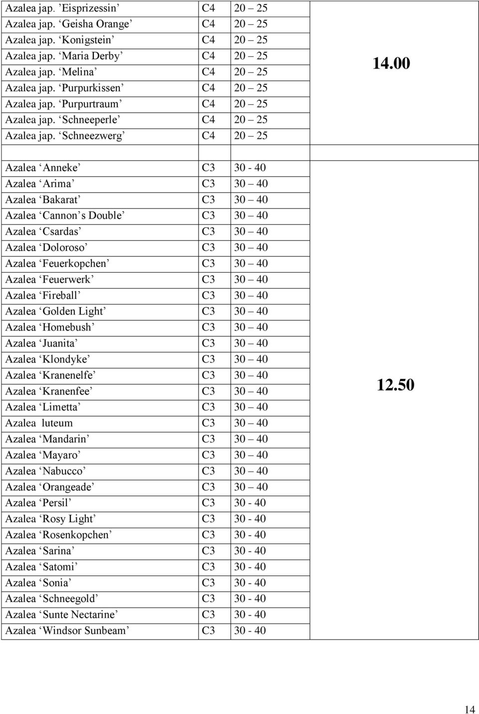 00 Azalea Anneke C3 30-40 Azalea Arima C3 30 40 Azalea Bakarat C3 30 40 Azalea Cannon s Double C3 30 40 Azalea Csardas C3 30 40 Azalea Doloroso C3 30 40 Azalea Feuerkopchen C3 30 40 Azalea Feuerwerk