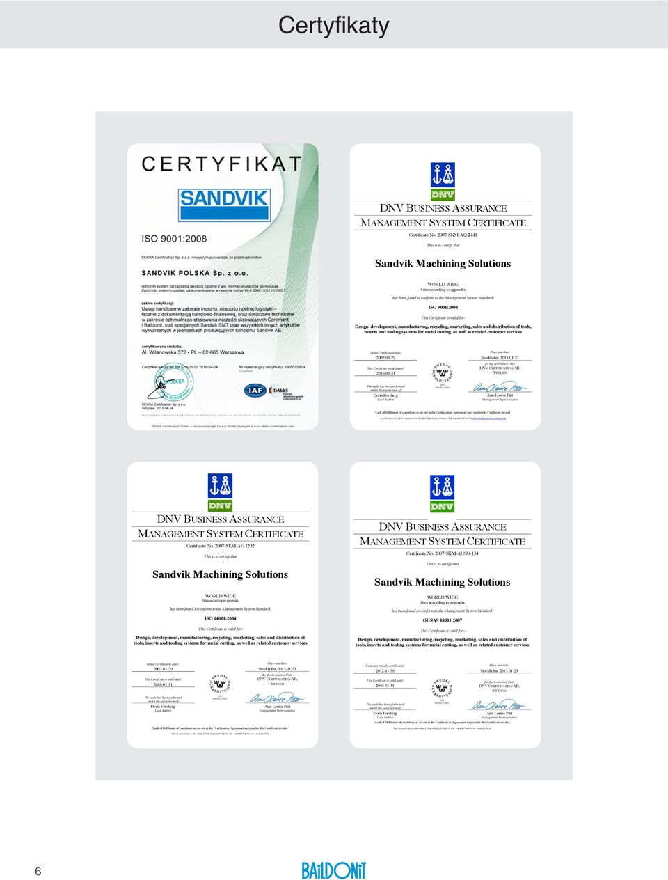 Design, deveopent, anufacturing, recycing, arketing, saes and distriution of toos, inserts and tooing systes for eta cutting, as we as reated custoer services Initia Certification date: 2007029 Tis