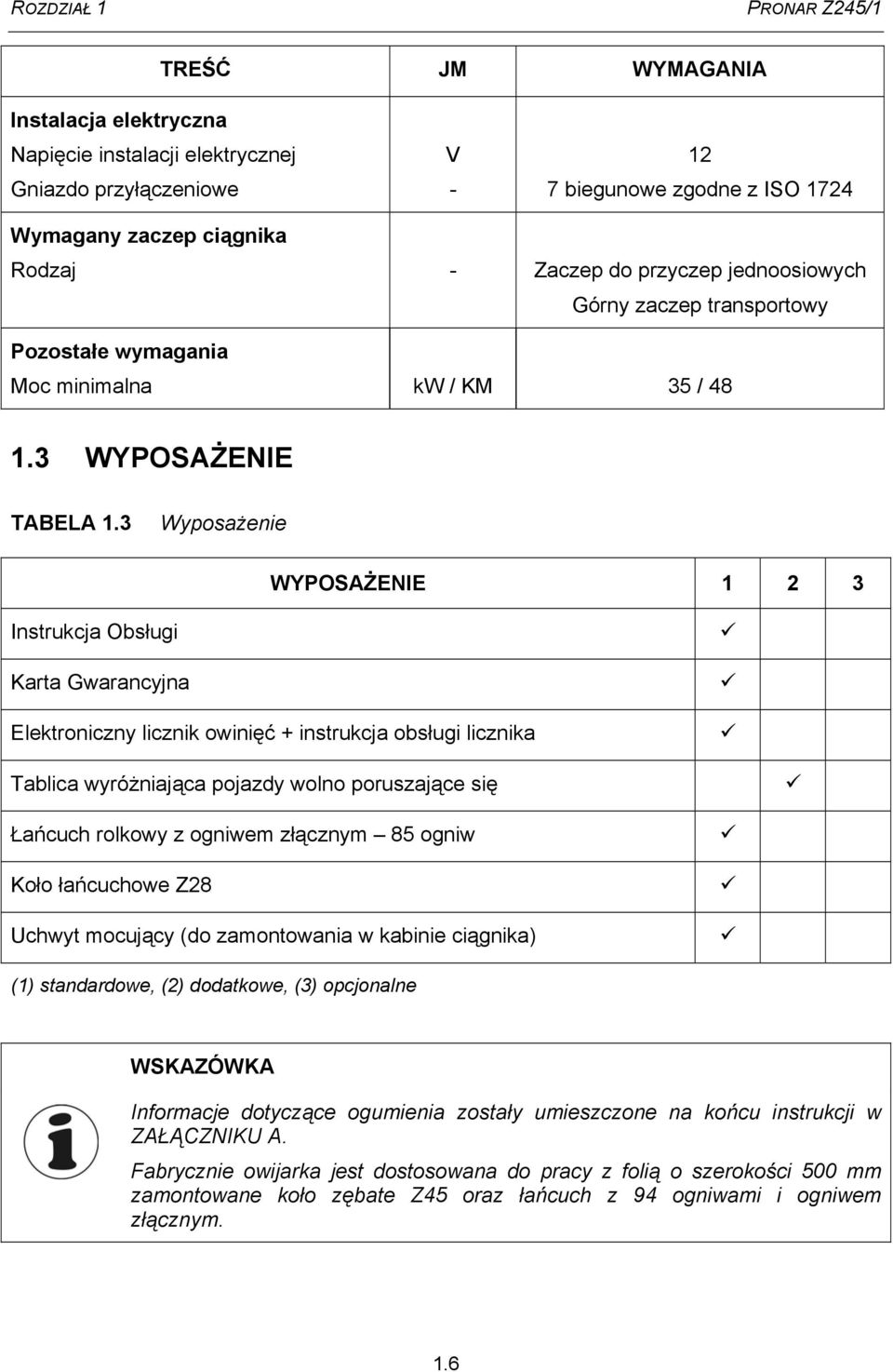 3 Wyposażenie WYPOSAŻENIE 1 2 3 Instrukcja Obsługi Karta Gwarancyjna Elektroniczny licznik owinięć + instrukcja obsługi licznika Tablica wyróżniająca pojazdy wolno poruszające się Łańcuch rolkowy z