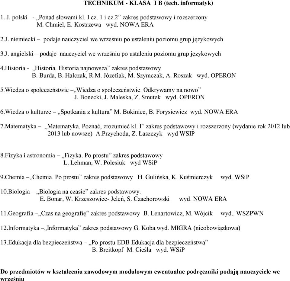 Roszak wyd. OPERON 5.Wiedza o społeczeństwie Wiedza o społeczeństwie. Odkrywamy na nowo J. Bonecki, J. Maleska, Z. Smutek wyd. OPERON 6.Wiedza o kulturze Spotkania z kultura M. Bokiniec, B.