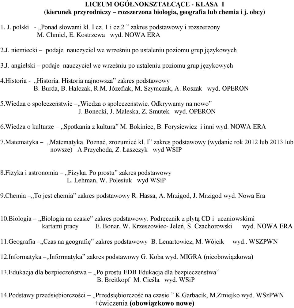 Historia - Historia. Historia najnowsza zakres podstawowy B. Burda, B. Halczak, R.M. Józefiak, M. Szymczak, A. Roszak wyd. OPERON 5.Wiedza o społeczeństwie Wiedza o społeczeństwie.