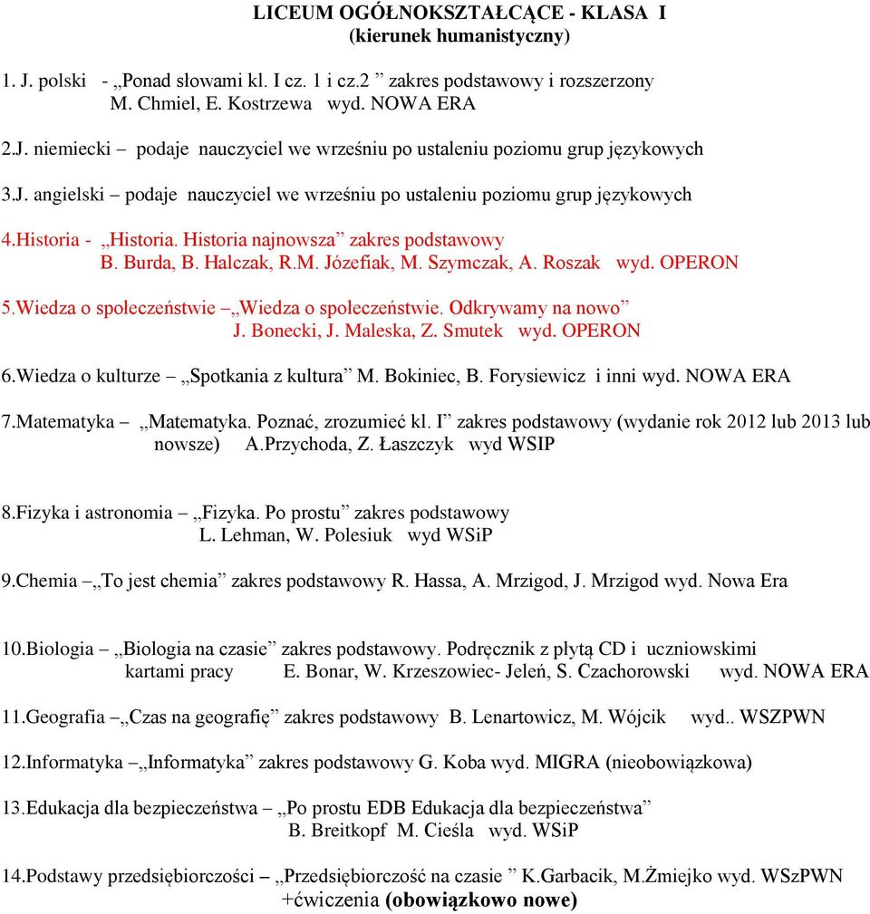 Roszak wyd. OPERON 5.Wiedza o społeczeństwie Wiedza o społeczeństwie. Odkrywamy na nowo J. Bonecki, J. Maleska, Z. Smutek wyd. OPERON 6.Wiedza o kulturze Spotkania z kultura M. Bokiniec, B.