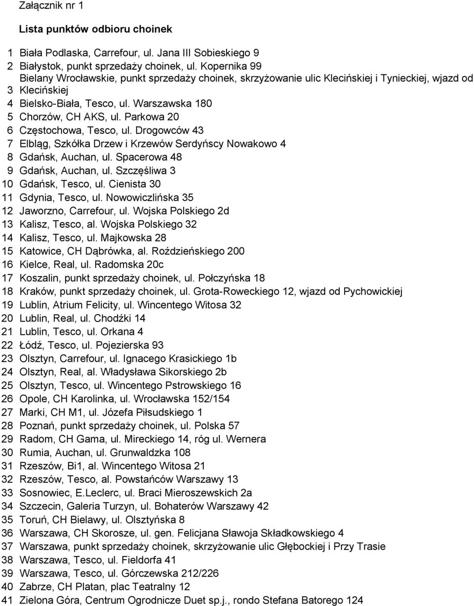 Parkowa 20 6 Częstochowa, Tesco, ul. Drogowców 43 7 Elbląg, Szkółka Drzew i Krzewów Serdyńscy Nowakowo 4 8 Gdańsk, Auchan, ul. Spacerowa 48 9 Gdańsk, Auchan, ul. Szczęśliwa 3 10 Gdańsk, Tesco, ul.