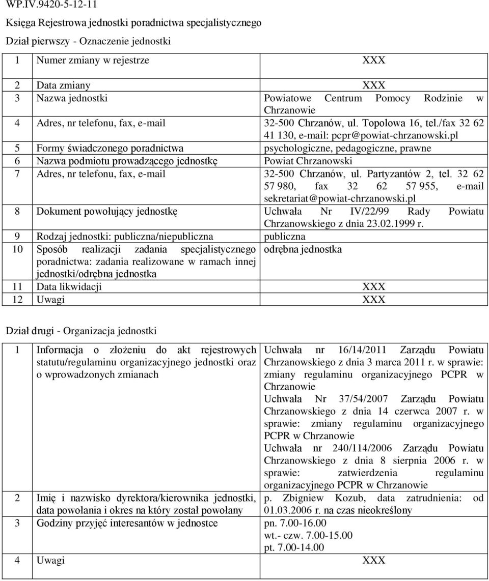 pl 5 Formy świadczonego poradnictwa psychologiczne, pedagogiczne, prawne 6 Nazwa podmiotu prowadzącego jednostkę Powiat Chrzanowski 7 Adres, nr telefonu, fax, e-mail 32-500 Chrzanów, ul.