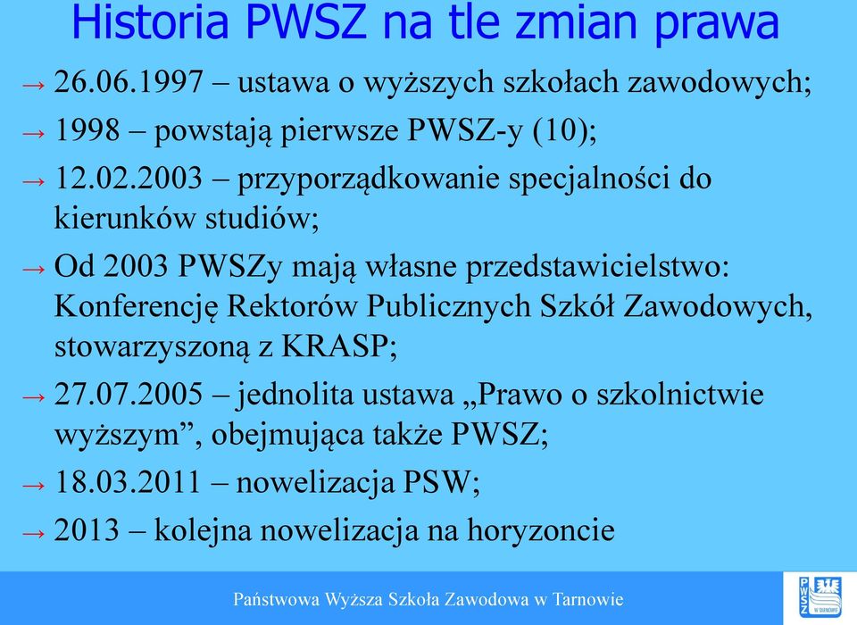 2003 przyporządkowanie specjalności do kierunków studiów; Od 2003 PWSZy mają własne przedstawicielstwo: