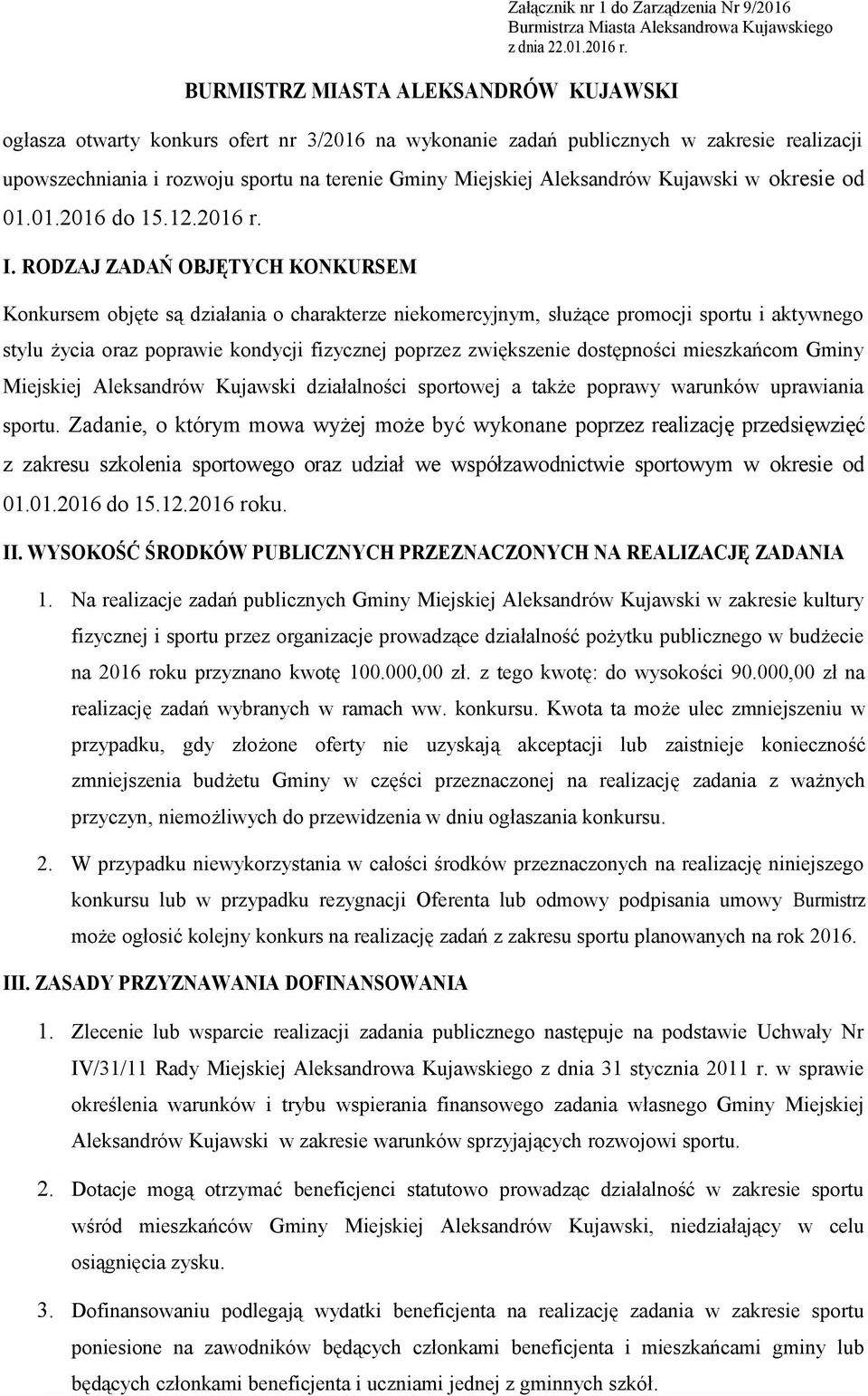 Aleksandrów Kujawski w okresie od 01.01.2016 do 15.12.2016 r. I.