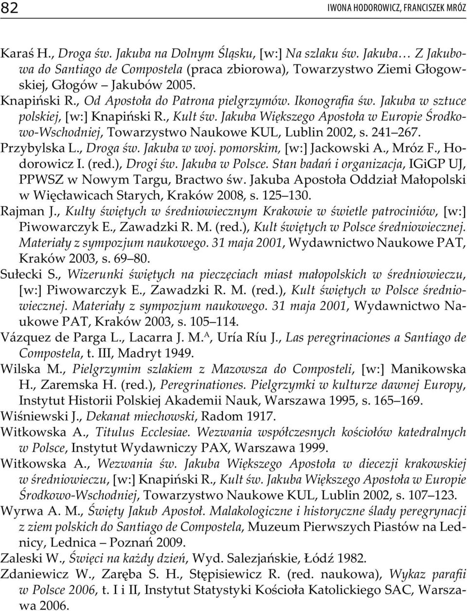 Jakuba w sztuce polskiej, [w:] Knapiński R., Kult św. Jakuba Większego Apostoła w Europie Środkowo-Wschodniej, Towarzystwo Naukowe KUL, Lublin 2002, s. 241 267. Przybylska L., Droga św. Jakuba w woj.
