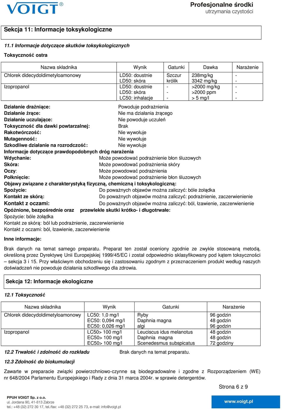 LD50: skóra LC50: inhalacje Szczur królik 238mg/kg 3342 mg/kg >2000 mg/kg >2000 ppm > 5 mg/l Działanie drażniące: Powoduje podrażnienia Działanie żrące: Nie ma działania żrącego Działanie uczulające: