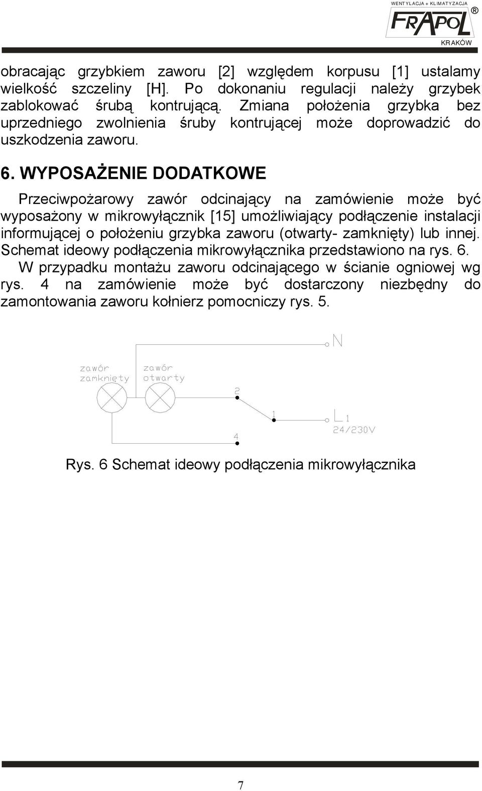 WYPOSAŻENIE DODATKOWE Przeciwpożarowy zawór odcinający na zamówienie może być wyposażony w mikrowyłącznik [15] umożliwiający podłączenie instalacji informującej o położeniu grzybka zaworu