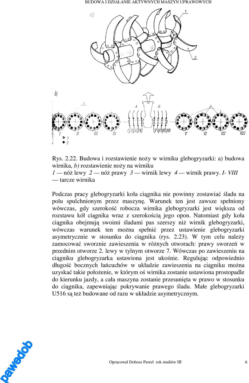 Warunek ten jest zawsze spełniony wówczas, gdy szerokość robocza wirnika glebogryzarki jest większa od rozstawu kół ciągnika wraz z szerokością jego opon.