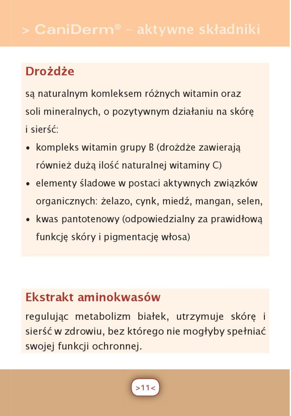 związków organicznych: żelazo, cynk, miedź, mangan, selen, kwas pantotenowy (odpowiedzialny za prawidłową funkcję skóry i pigmentację