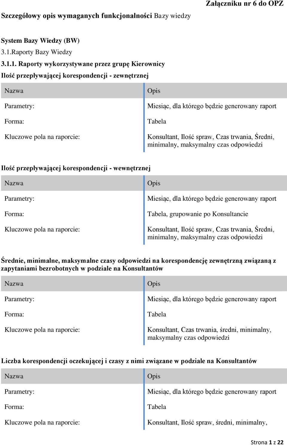 1. Raporty wykorzystywane przez grupę Kierownicy Ilość przepływającej korespondencji - zewnętrznej Miesiąc, dla którego będzie generowany raport Tabela Konsultant, Ilość spraw, Czas trwania, Średni,